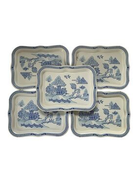 Vintage Tin Blue & White Serving Tray Set of 5